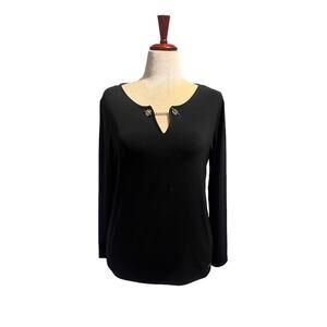 Tahari Black Long Sleeve Silver Chain Detail Top, Size Medium